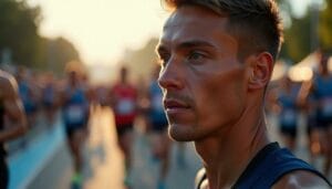 Visuel sur un homme se préparant mentalement à une course à pied.